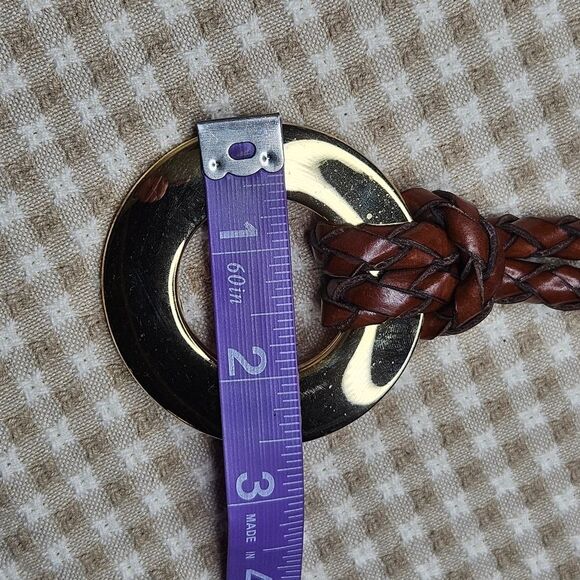 Vintage 90's Boho Flexible Braided Leather Goldtone Hardware Ring Tubular Belt - Picture 9 of 9